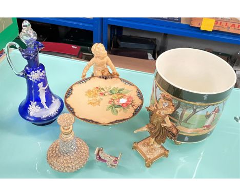 An English Staffordshire pottery milkmaid planter and a selection of decorative china 