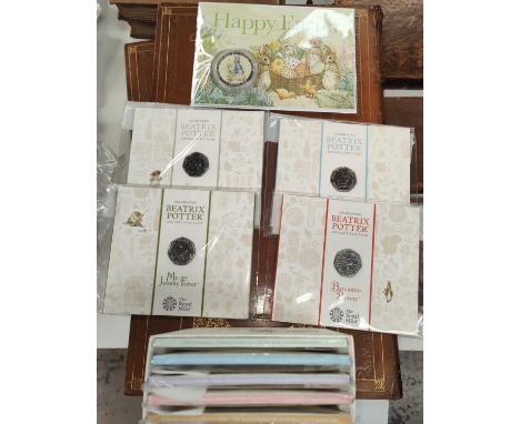 GB: BEATRIX POTTER, 2016 50p coin set of 5, 2017 set of 4 and another item 