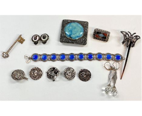 An Art Nouveau set of 4 silver buttons; a Victorian agate set brooch; a blue enamel and white metal bracelet; other silver/wh