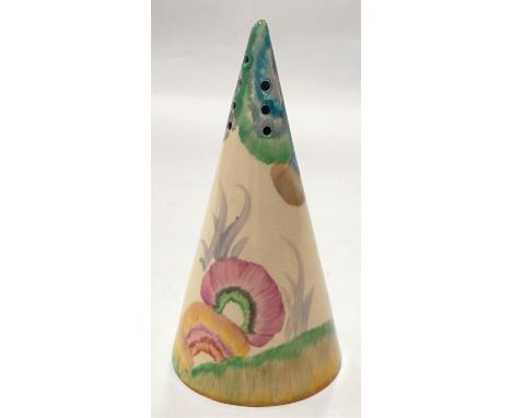 A conical sugar sifter by Clarice Cliff in the Rodanthe pattern  A few small enamel losses around base, crazing to glaze unde
