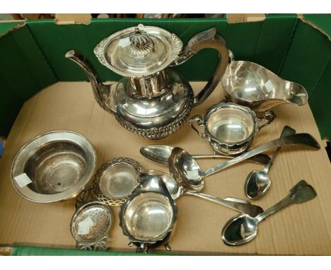 A silver plated 3 piece tea service, silver plated ladle and other silver plated spoons etc