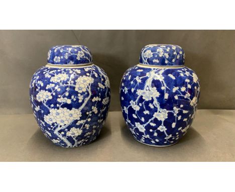 A large pair of Chinese blue and white Prunus Jars with covers. Kangxi marks c.1900, 30cm high