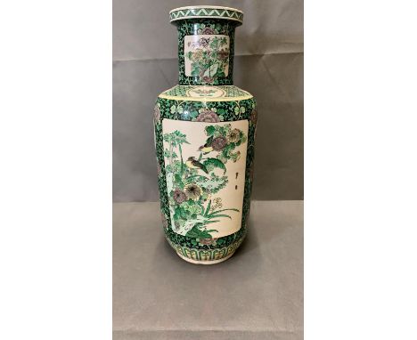 A large Chinese biscuit decorated Famille Verte vase with black ground. Kangxi mark. Probably early 20th century, 44cm high