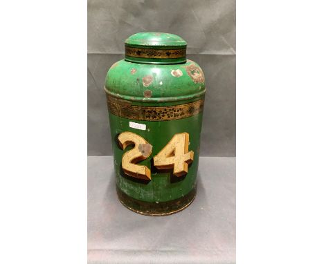 A Nineteenth century Tolewear tea caddy, painted green with the number 24