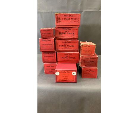 Hornby 0 Gauge freight and goods rolling stock, 4 wheel crane trucks, 2 hopper wagons, 1 petrol tank wagon, 1 flat truck and 