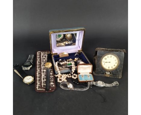 A 9ct gold framed photo pendant (as found), a silver ring plus a quantity of costume jewellery and watches