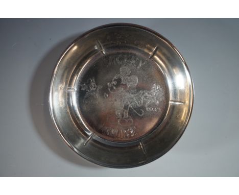 A vintage Cavalier electroplate dish depicting Disney's Mickey Mouse, Donald Duck and Goofy