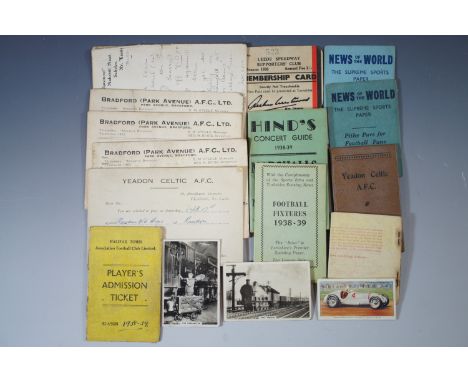 A group of 1930s football and related ephemera including Bradford, Halifax Town and Yealdon Celtic AFCs, together with a Leed