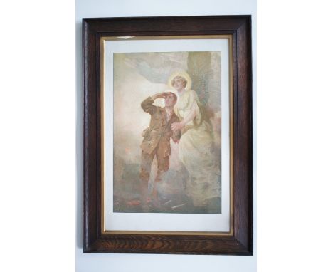 A large Great War period patriotic lithographic print depicting a British army "Tommy" and Victory, in period oak frame and g
