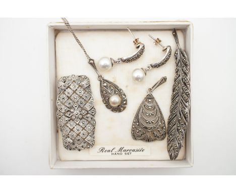 Vintage white-metal and electroplate marcasite jewellery, including two pendants, two brooches and a pair of pendant earrings