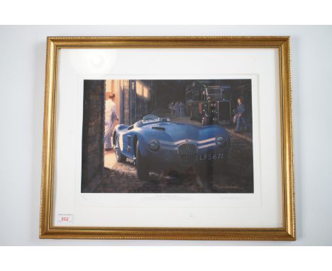 Keith Woodcock (Contemporary) "Midnight at Merchiston Mews" depicting a Jaguar C-Type racing car, signed limited edition prin