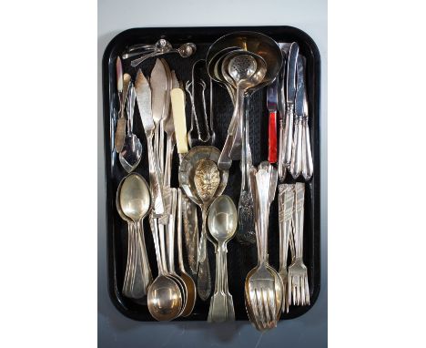 A quantity of electroplate flatware including a ladle, sugar nips and salt spoons etc.