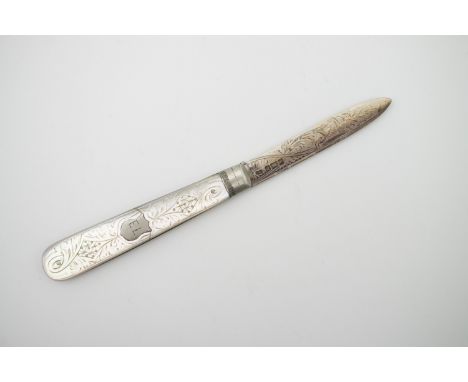 An Edwardian silver fruit knife with florally engraved and Piqué work decorated mother of pearl grip scales, Sheffield, 1907