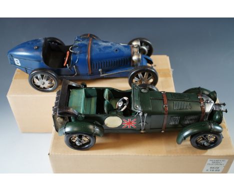 A large scale metal model Bentley "blower" and Bugatti cars, 34 cm