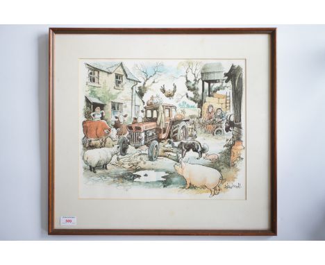 After Norman Thelwell (1924-2004) Cartoon depicting a farmer fixing his tractor under the pensive gaze of the farm menagerie,