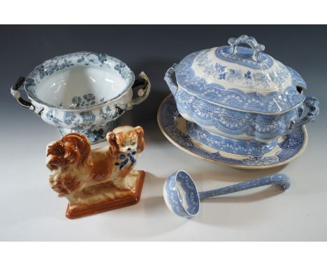 Sundry Victorian ceramics including a Staffordshire type spaniel, tureens and a sauce ladle, (large covered tureen a/f)