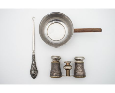 Collectors' items including a Georg Jensen style Danish stainless steel brandy pan, a Victorian silver-handled button hook, a