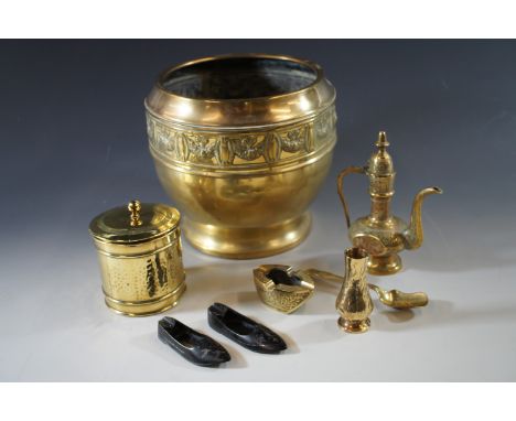 A quantity of period metalware, including a late 19th / early 20th Century brass cachepot, turned brass caddy, brass caddy sp