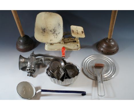 Kitchenalia including scales, poss sticks, and mincer etc.