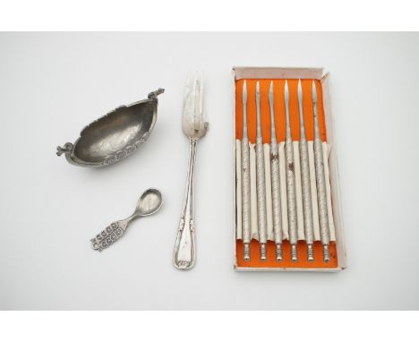 A vintage set of lobster picks, a Nordic pewter longboat salt cellar with spoon, and a George V silver christening spoon (a/f