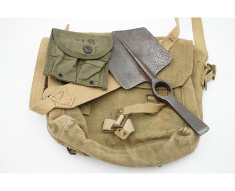 A 1945 British army Pattern 1937 webbing haversack, a US magazine pouch, entrenching tool etc