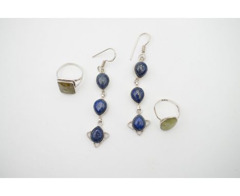 Vintage hardstone jewellery, including a pair of artisan lapis lazuli ear pendants and two rings, (test as silver), rings siz