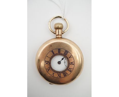 A rolled-gold half hunter pocket watch, having crown-wound lever movement, champleve enamelled chapter, white enamelled face 