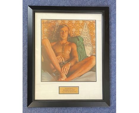 F1 Racer, James Hunt signature piece well presented in a frame, approx 26x22. This lovely item includes a signed magazine pho
