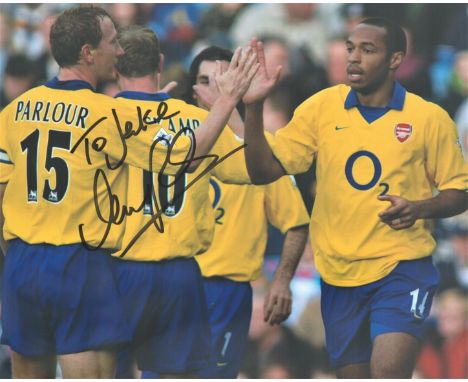 Arsenal Legend Ray Parlour Hand signed 10x8 Colour Photo. Dedicated. Photo shows Captain Parlour Celebrating with Arsenal Leg
