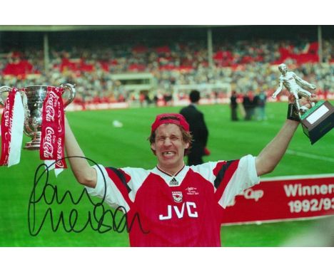 Footballer Paul Merson Arsenal 8x12 Coloured Signed Photo. Photo shows Merson lifting the FA Cup and another trophy in the 19