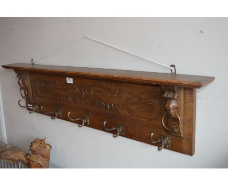 Oak Wall Mounted Hat and Coat Shelf with Carved Dolphin Decoration 