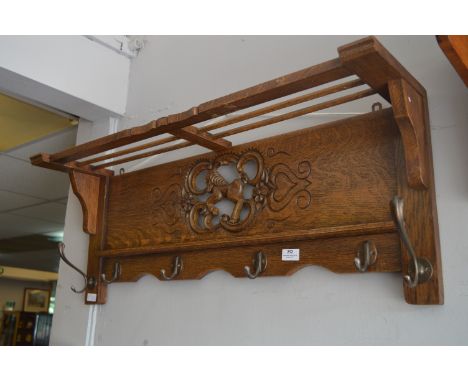 Oak Wall Mounted Hat and Coat Shelf with Carved Horse Decoration 