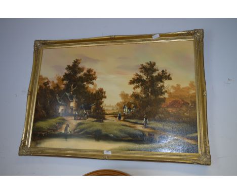 Gilt Framed Oil on Canvas "Country Village Scene" Signed K. Hammond 