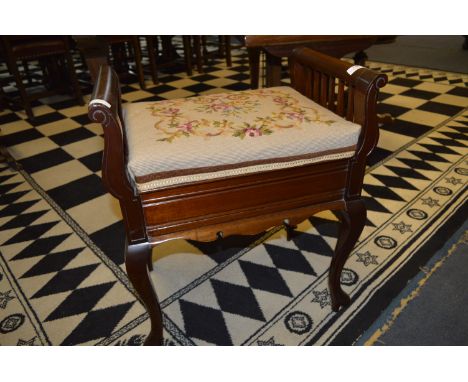 Mahogany Piano Stool with Lift up Lid and Tapestry Seat 