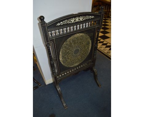 Black Lacquered and Ivory Inlaid Firescreen with Silk Needlework Panel 