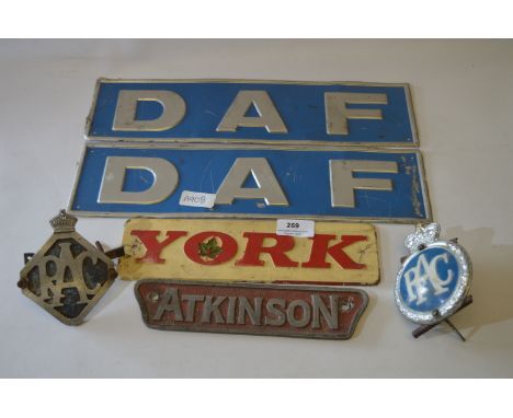 vintage Truck Signs; DAF, York, Atkinson and Two RAC Badges 