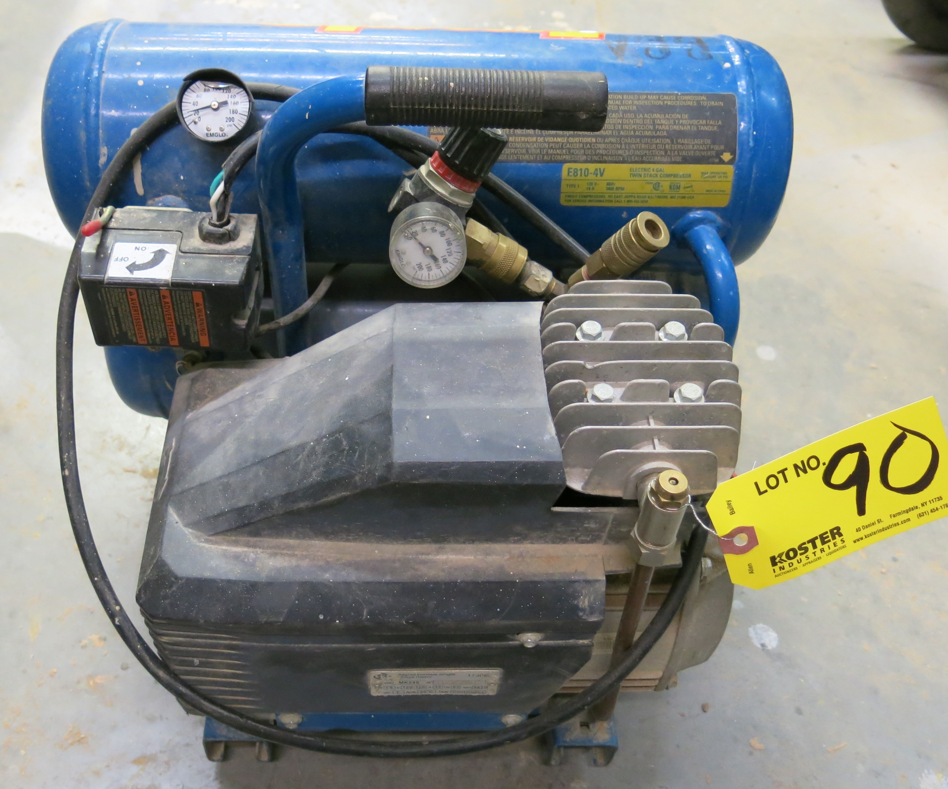 (1) EMGLO MDL. E8104V ELECTRIC 4 GALLON TWIN STACK AIR COMPRESSOR