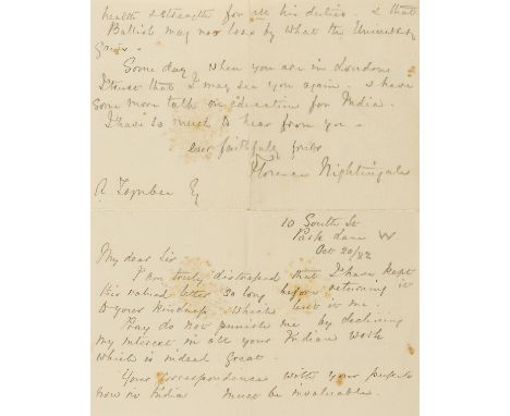 Nightingale (Florence, reformer of army medical services and of nursing organization, 1820-1910) Autograph Letter signed to A