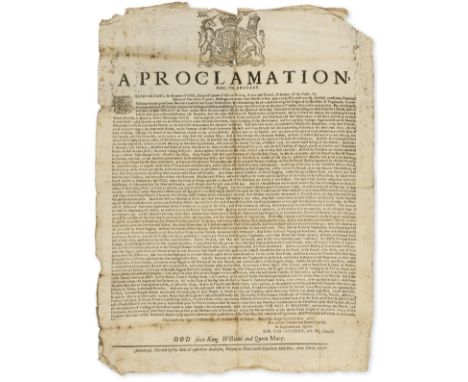 Beggars.- Scotland.- A Proclamation Anent the Beggers, printed broadside, woodcut Royal coat of arms at head, 3 small holes a