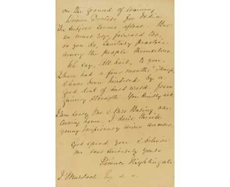 Nightingale (Florence, reformer of army medical services and of nursing organization, 1820-1910) Autograph Letter signed to D
