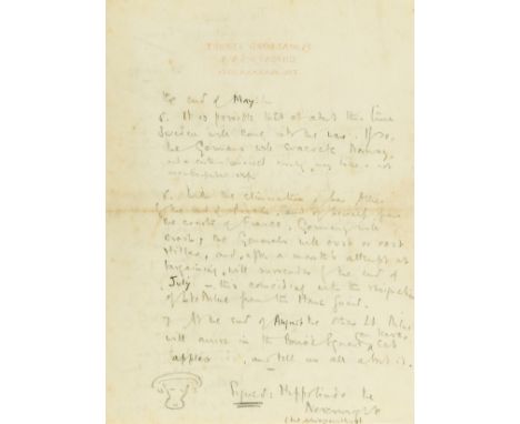 [Milne (A.A., writer, 1882-1956)] [War Prophecy... by Belisha the Hippotist], autograph manuscript in pencil, 2pp., with a sm