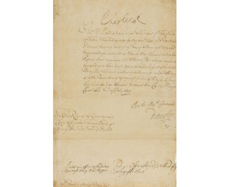 Charles II (King of England, Scotland, and Ireland, 1630-1685) Warrant signed authorising the payment of one hundred pounds t