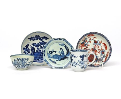 Three Liverpool blue and white saucers  c.1760-75, one Richard Chaffers, of octagonal form and painted with the Jumping Boy p
