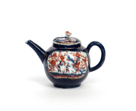 A Lowestoft teapot and cover  c.1765, painted with a panel of Chinese figures to one side, the reverse with a spray of flower
