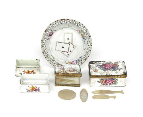 A small group of English enamels  late 18th century, including a rectangular snuff box finely painted with floral bouquets, t