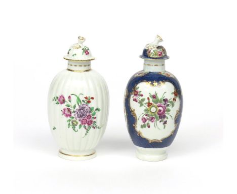 Two Worcester tea canisters and covers  c.1765-75, of ovoid form, one painted with panels of floral swags reserved on a blue 