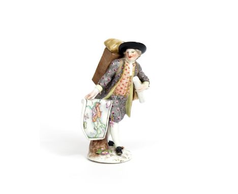 A Meissen figure of the Map Seller  mid 18th century, from the Cris de Paris series, modelled by J J Kändler, holding an unfu