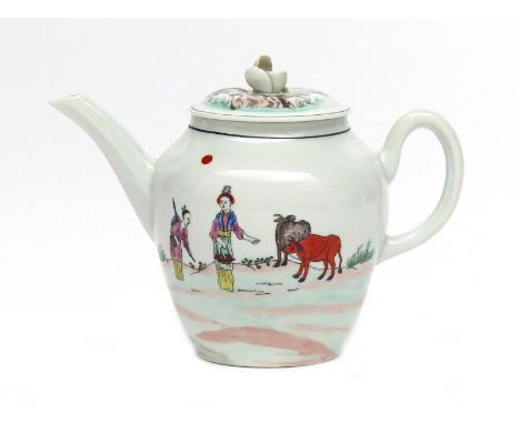 A Worcester teapot and cover  c.1756-60, the baluster-shaped body printed and hand-coloured with the Red Bull pattern, one si