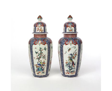 A pair of Samson Chantilly-style vases and covers late 19th century, the octagonal forms painted in the Kakiemon palette with