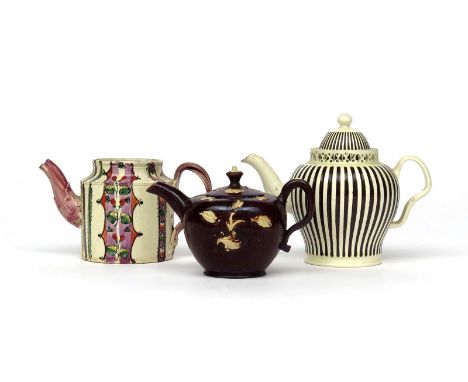 Two creamware teapots  late 18th/early 19th century, one of baluster form decorated with vertical brown stripes beneath a ret